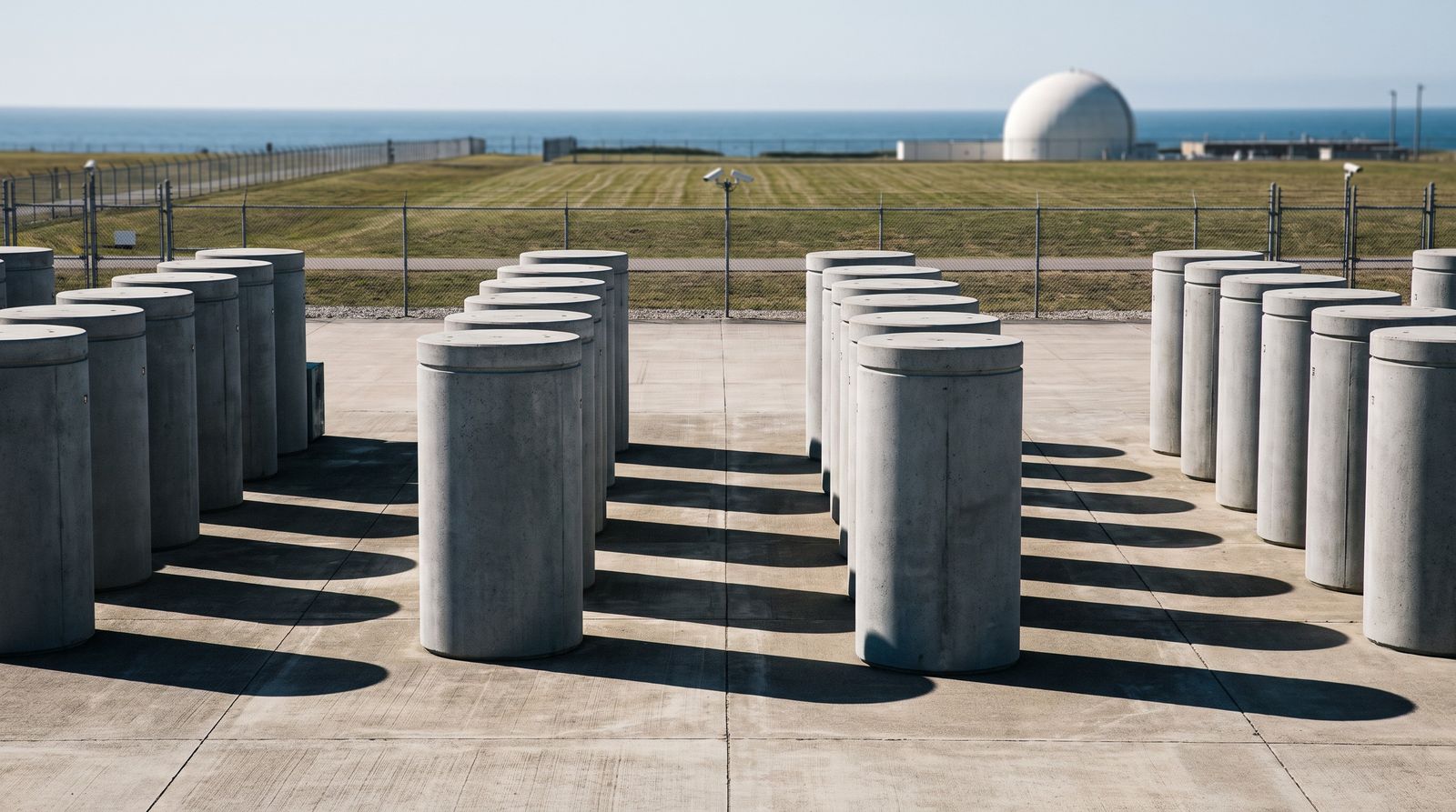 The dry cask pad: a row of tall grey concrete casks on a slab inside the fence, the sea behind