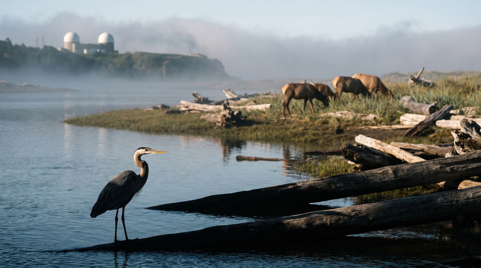 The Sixes River estuary at low tide: mudflats, eelgrass, a heron, the bluff and the domes in the distance