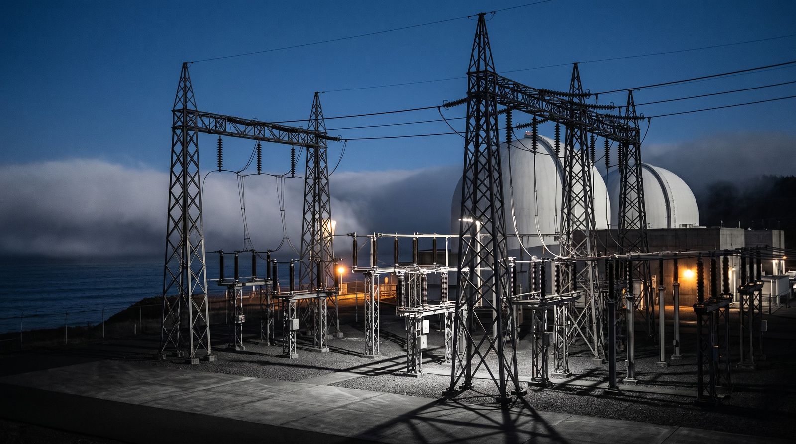 The 230 kV switchyard: steel structures, breakers and the first towers of the South Coast Loop against the sky