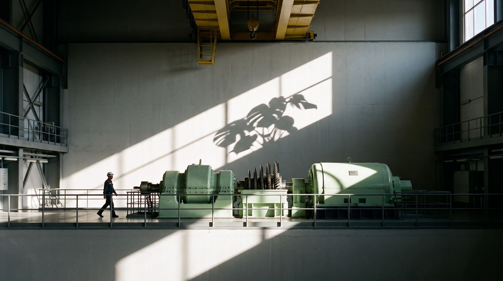 The turbine hall: the long green turbine-generator on its deck, overhead crane rails and a polished floor